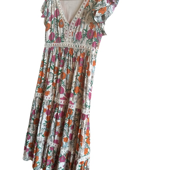 Baevely‎ Woman’s Size Large Boho Tiered Floral Lined Dress Flutter Sleeves Lace - Picture 2 of 13